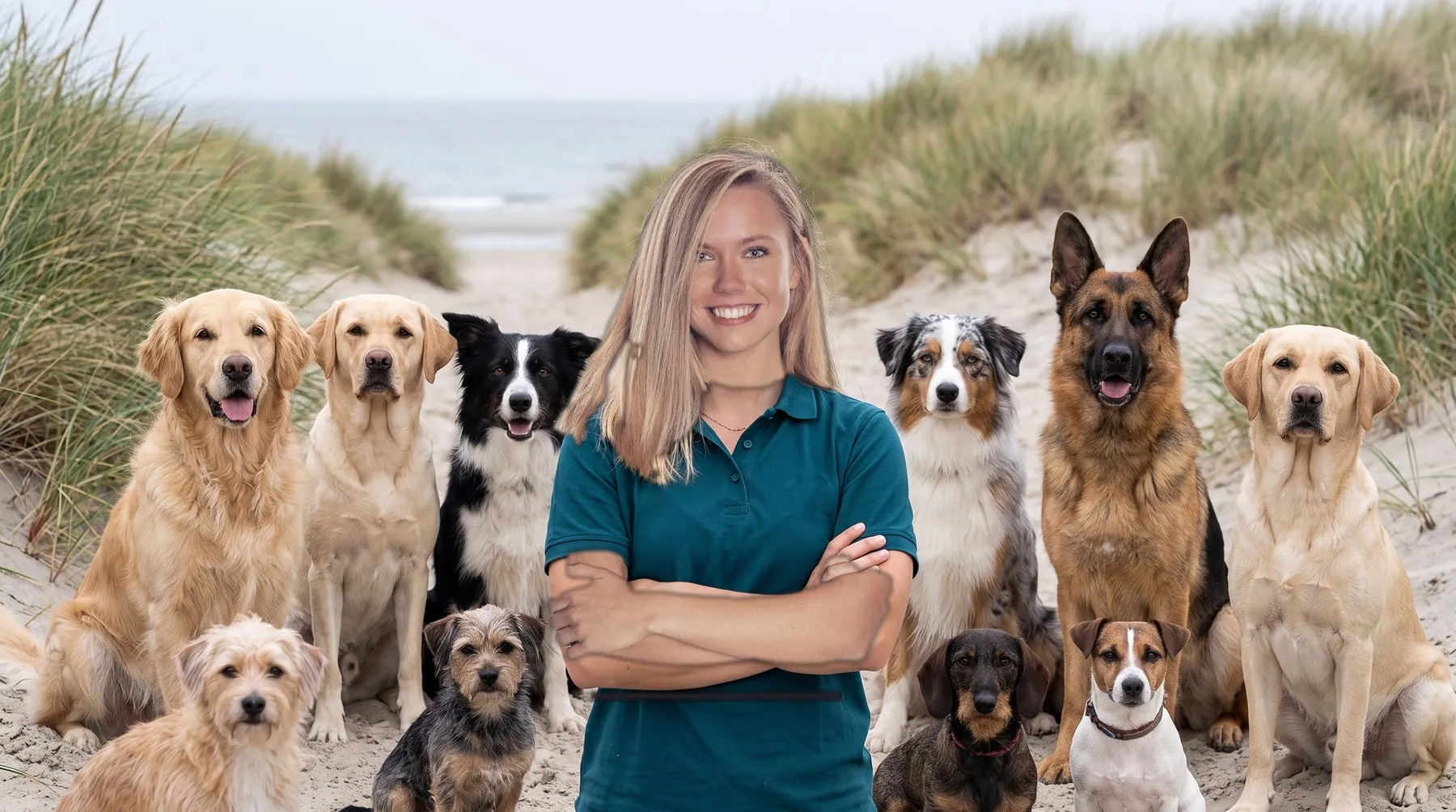 Franziska Jelovcic in den Dünen, umgeben von vielen Hunden verschiedener Rassen